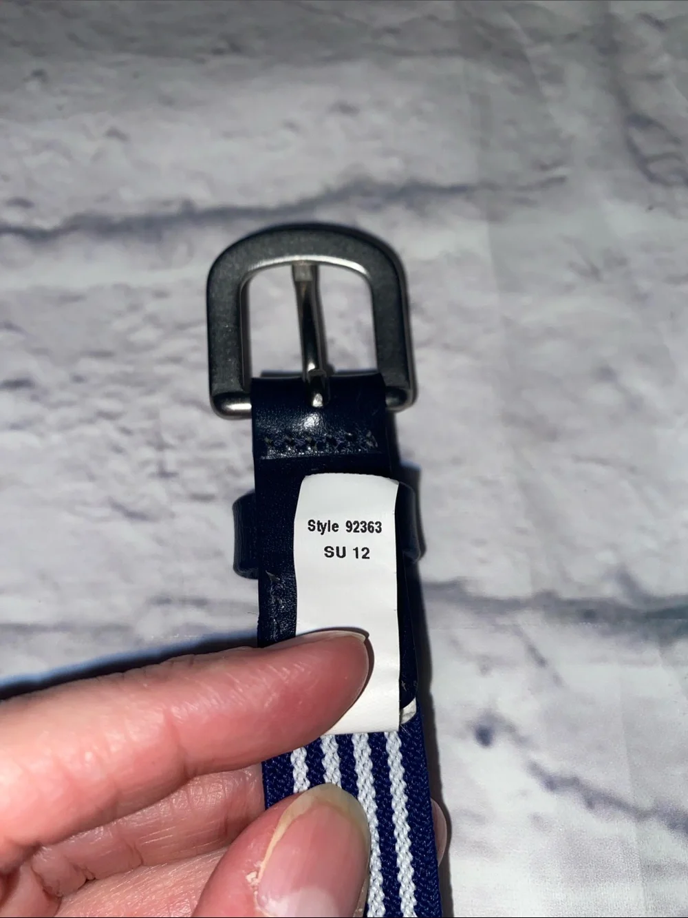 J. Crew Navy and White Striped Stretch Fabric Belt with Leather Trim Size M
